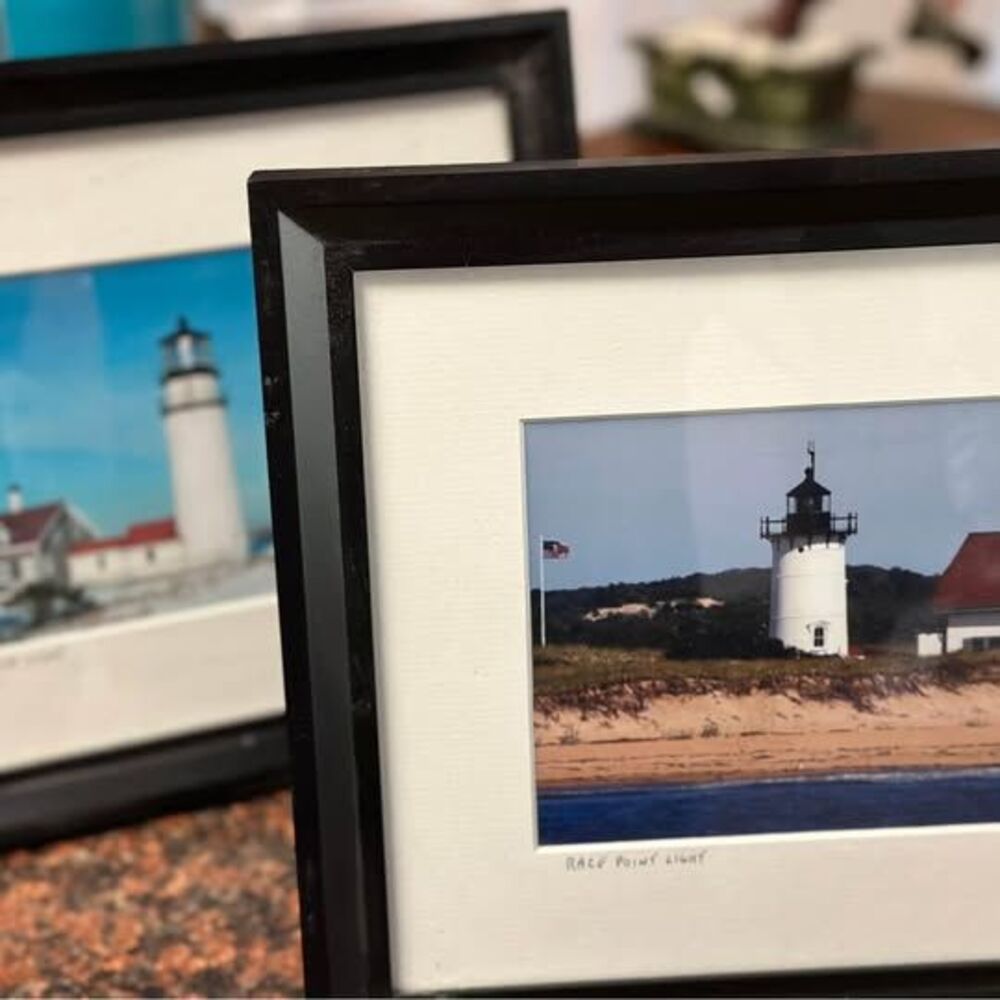 vintage pair of Tom Johnson photographs of lighthouses framed